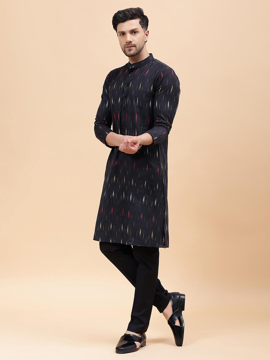 Men Black & Red Pure Cotton Printed Straight Kurta