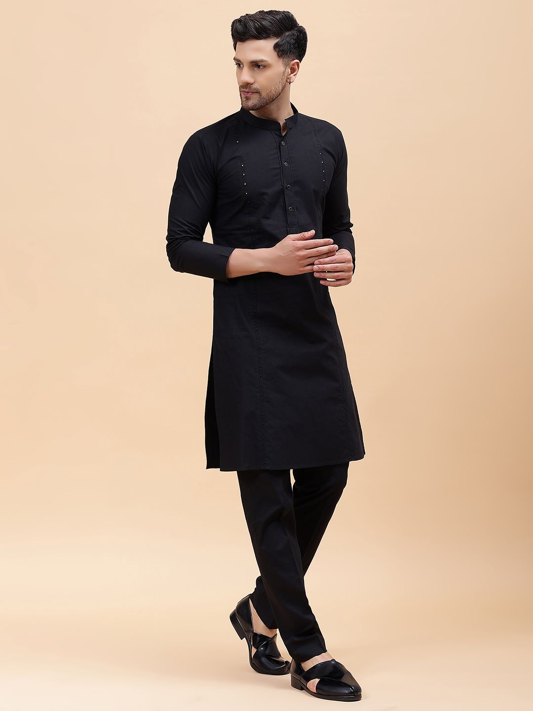 Men Black Pure Cotton Embroidered Straight Kurta