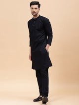 Men Black Pure Cotton Embroidered Straight Kurta