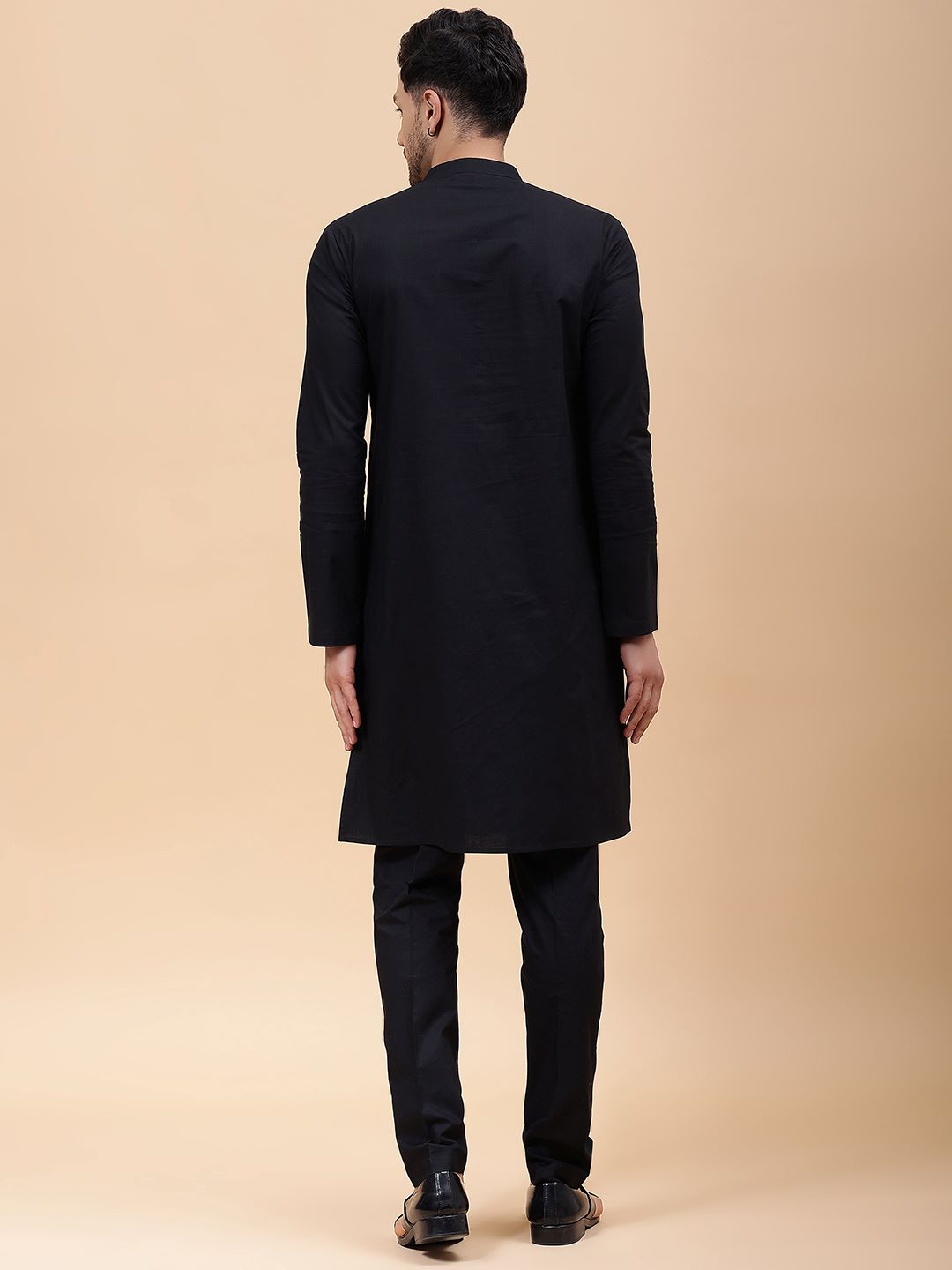 Men Black Pure Cotton Embroidered Straight Kurta