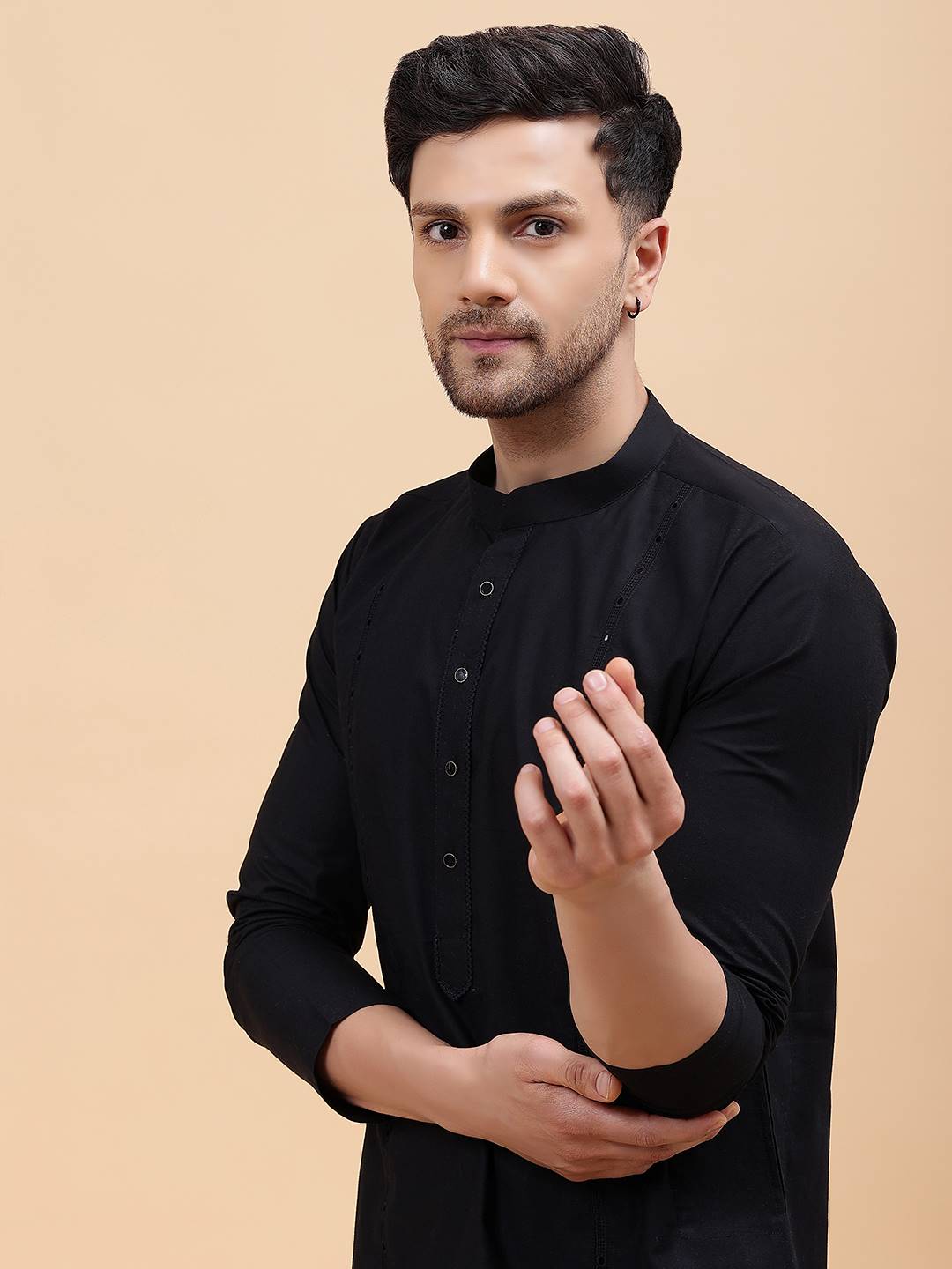 Men Black Pure Cotton Embroidered Straight Kurta