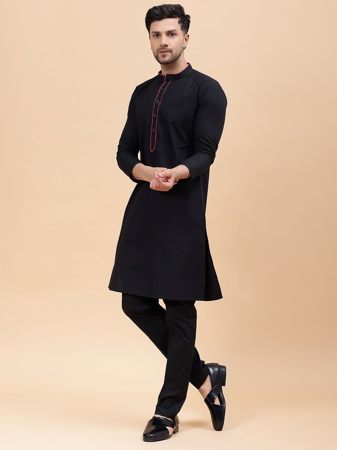 Men Black & Red Pure Cotton Embroidered Straight Kurta