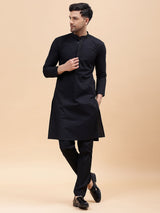 Men Black Pure Cotton Embroidered Straight Kurta