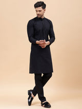 Men Black Pure Cotton Embroidered Straight Kurta