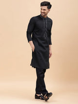 Men Black & Silver Silk Woven Design Straight Kurta