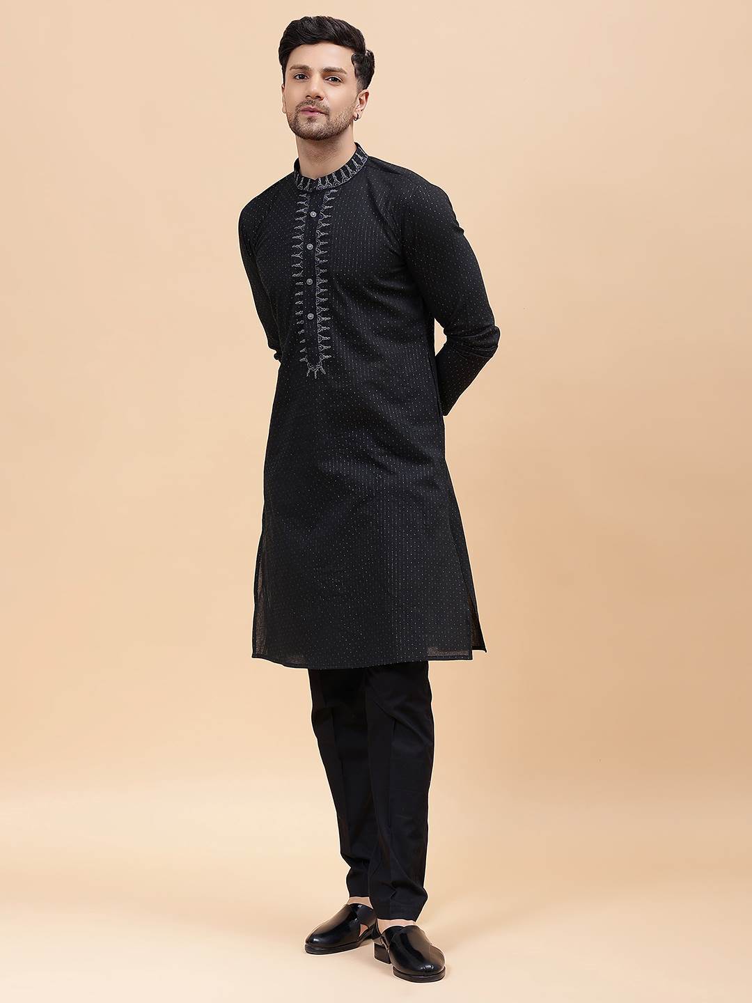 Men Black & Silver Silk Woven Design Straight Kurta