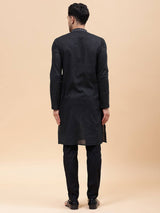 Men Black & Silver Silk Woven Design Straight Kurta