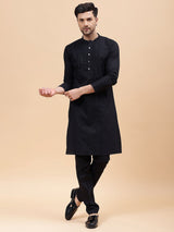 Men Black Pure Cotton Embroidered Straight Kurta