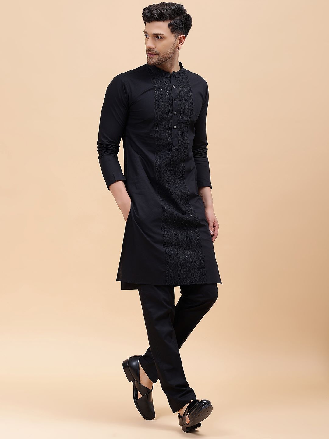 Men Black Pure Cotton Embroidered Straight Kurta