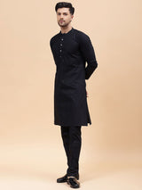 Men Black Pure Cotton Embroidered Straight Kurta