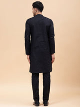 Men Black Pure Cotton Embroidered Straight Kurta