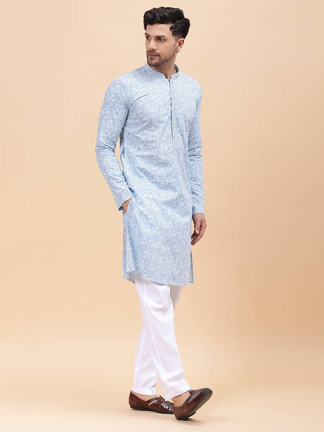 Men Sky Blue & White Pure Cotton Embroidered Straight Kurta