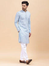 Men Sky Blue & White Pure Cotton Embroidered Straight Kurta