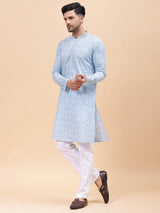 Men Sky Blue & White Pure Cotton Embroidered Straight Kurta