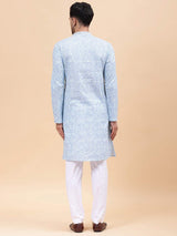 Men Sky Blue & White Pure Cotton Embroidered Straight Kurta