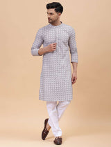 Men Off White & Brown Pure Cotton Embroidered Straight Kurta