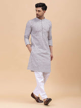 Men Off White & Brown Pure Cotton Embroidered Straight Kurta