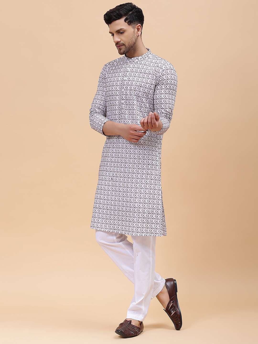 Men Off White & Brown Pure Cotton Embroidered Straight Kurta