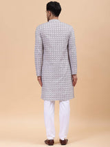 Men Off White & Brown Pure Cotton Embroidered Straight Kurta