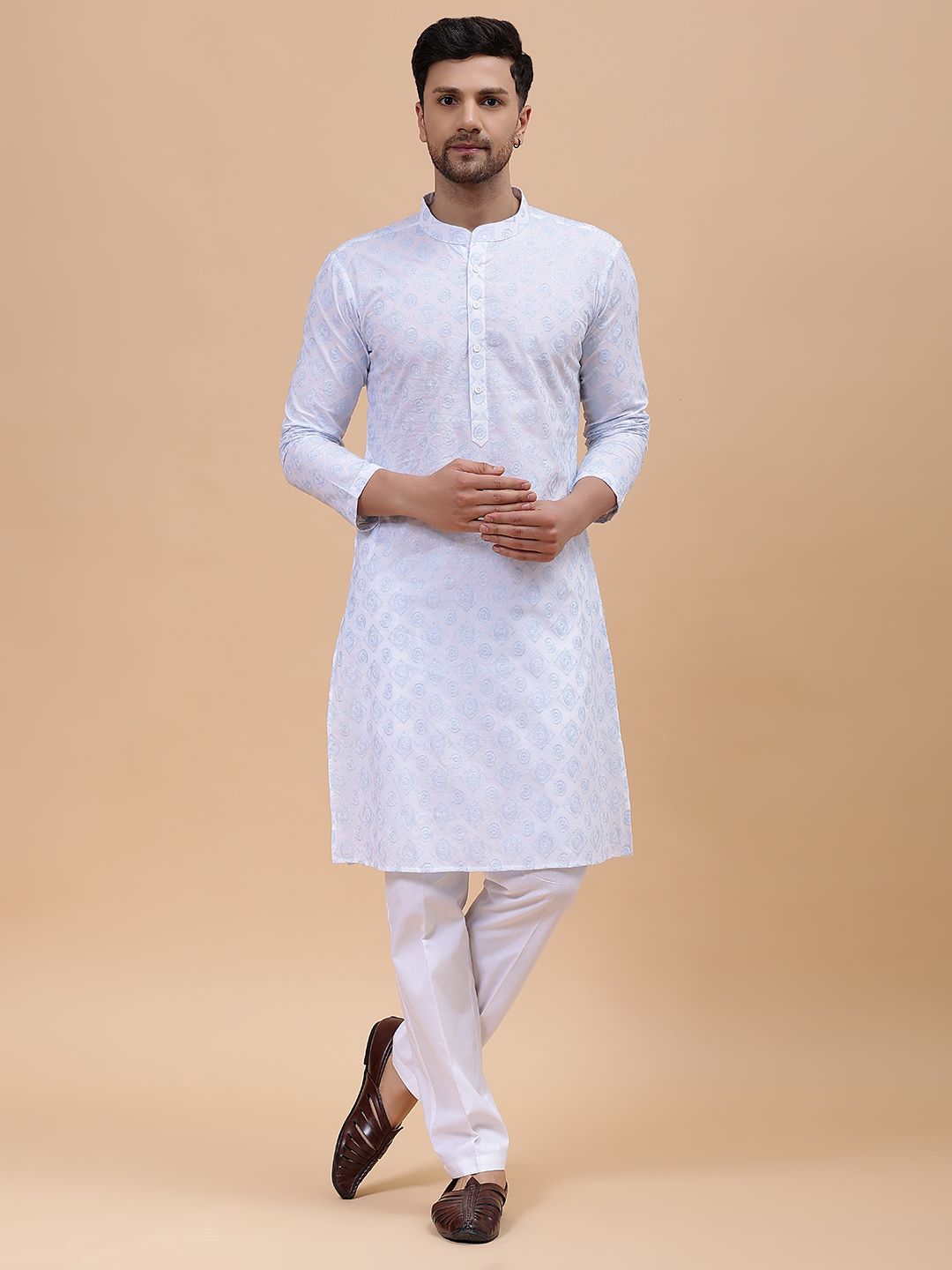 Men White & Grey Pure Cotton Embroidered Straight Kurta