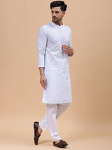 Men White & Grey Pure Cotton Embroidered Straight Kurta