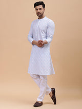 Men White & Grey Pure Cotton Embroidered Straight Kurta