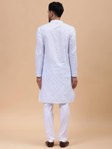 Men White & Grey Pure Cotton Embroidered Straight Kurta