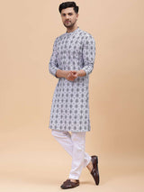 Men Off White & Blue Pure Cotton Embroidered Straight Kurta