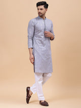 Men Grey & Blue Pure Cotton Embroidered Straight Kurta