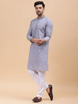 Men Grey & Blue Pure Cotton Embroidered Straight Kurta