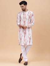 Men White & Orange Pure Cotton Printed Straight Kurta With Pajama