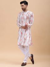 Men White & Orange Pure Cotton Printed Straight Kurta