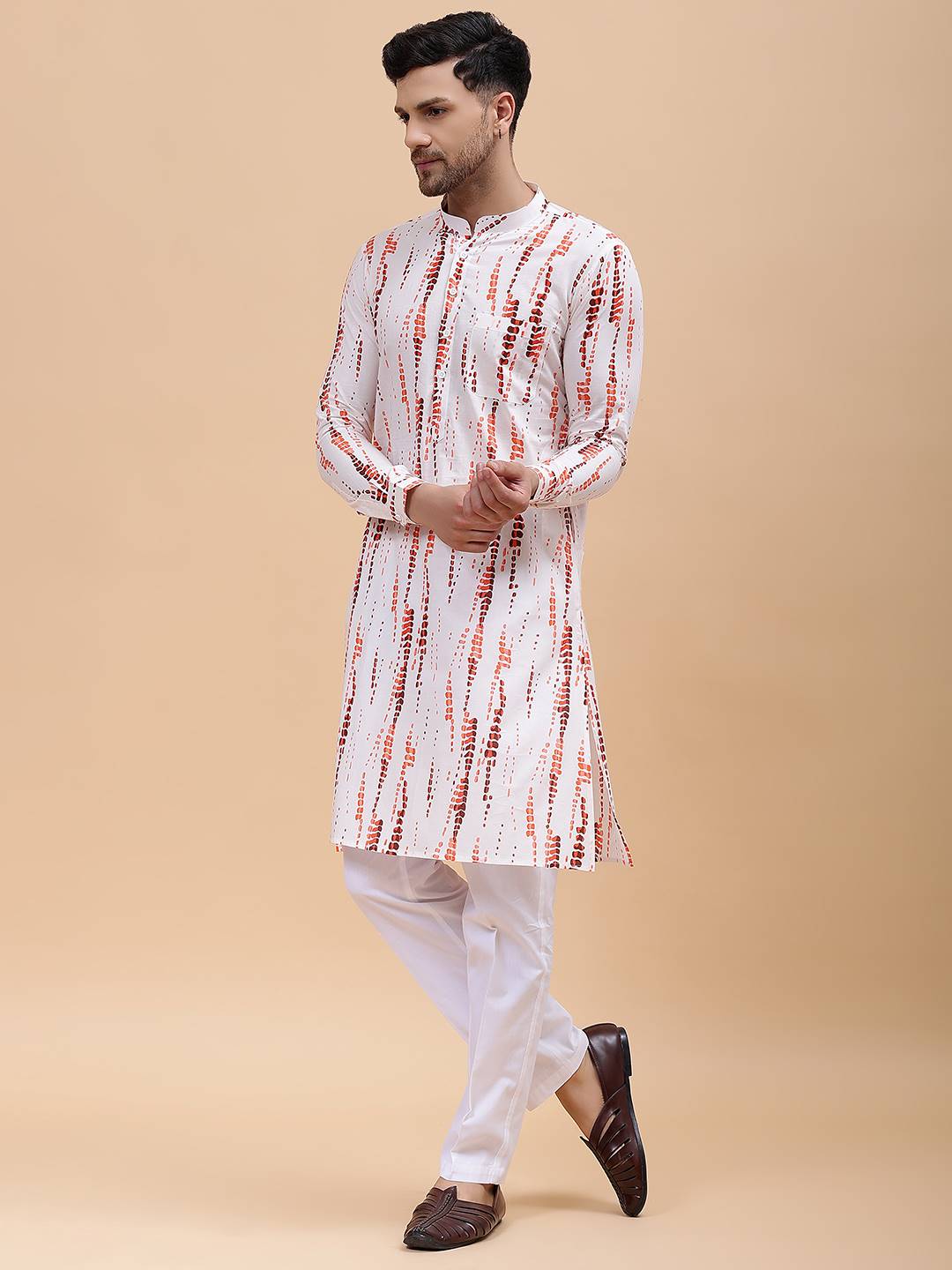 Men White & Orange Pure Cotton Printed Straight Kurta With Pajama