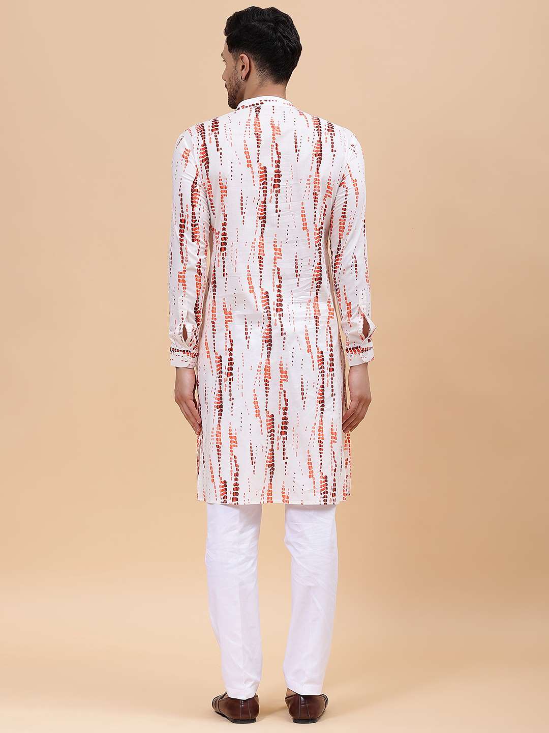 Men White & Orange Pure Cotton Printed Straight Kurta