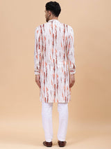 Men White & Orange Pure Cotton Printed Straight Kurta With Pajama