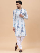 Men White & Blue Pure Cotton Printed Straight Kurta With Pajama