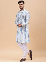 Men White & Blue Pure Cotton Printed Straight Kurta With Pajama