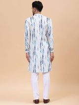 Men White & Blue Pure Cotton Printed Straight Kurta With Pajama