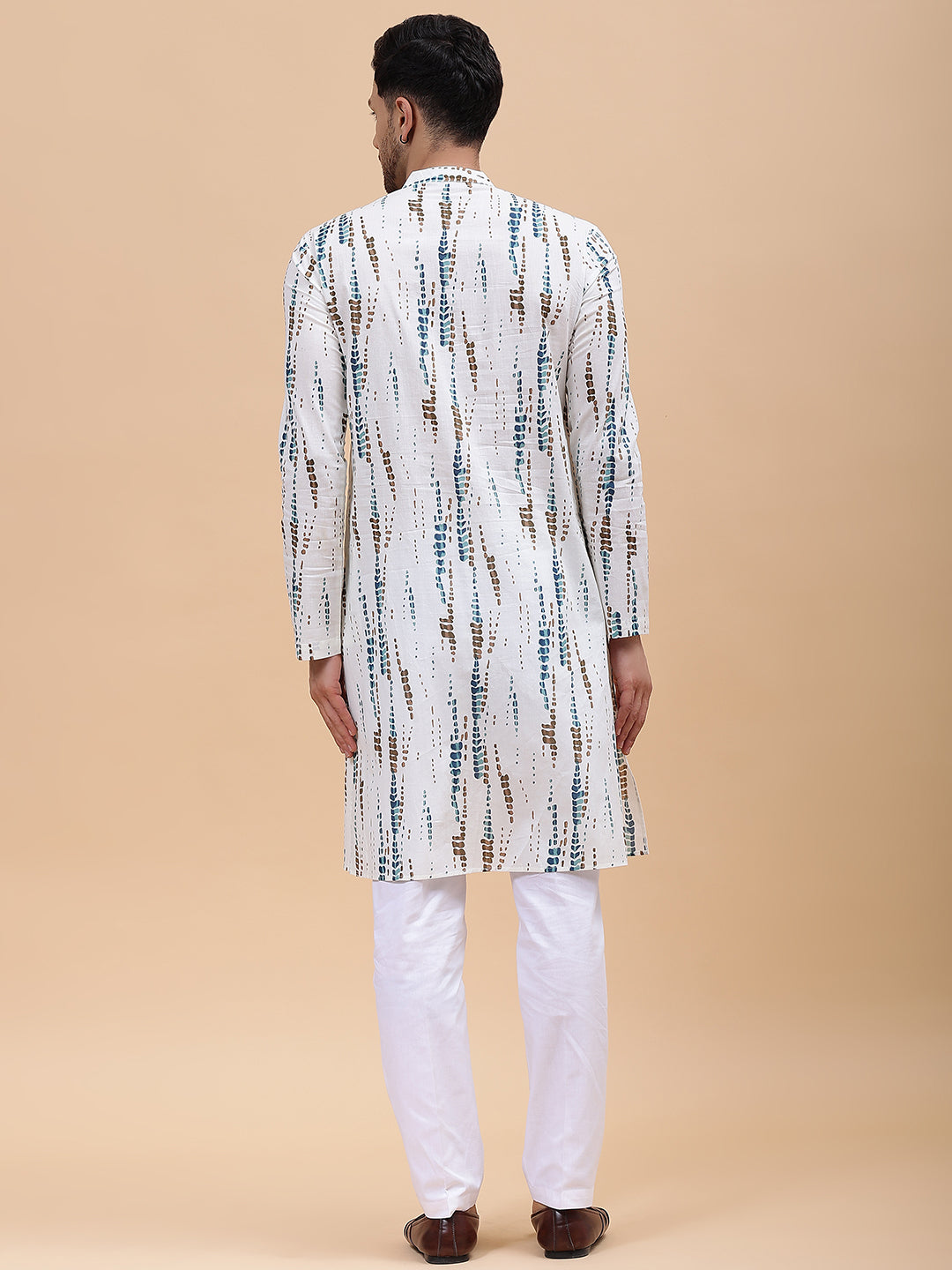 Men White & Blue Pure Cotton Printed Straight Kurta