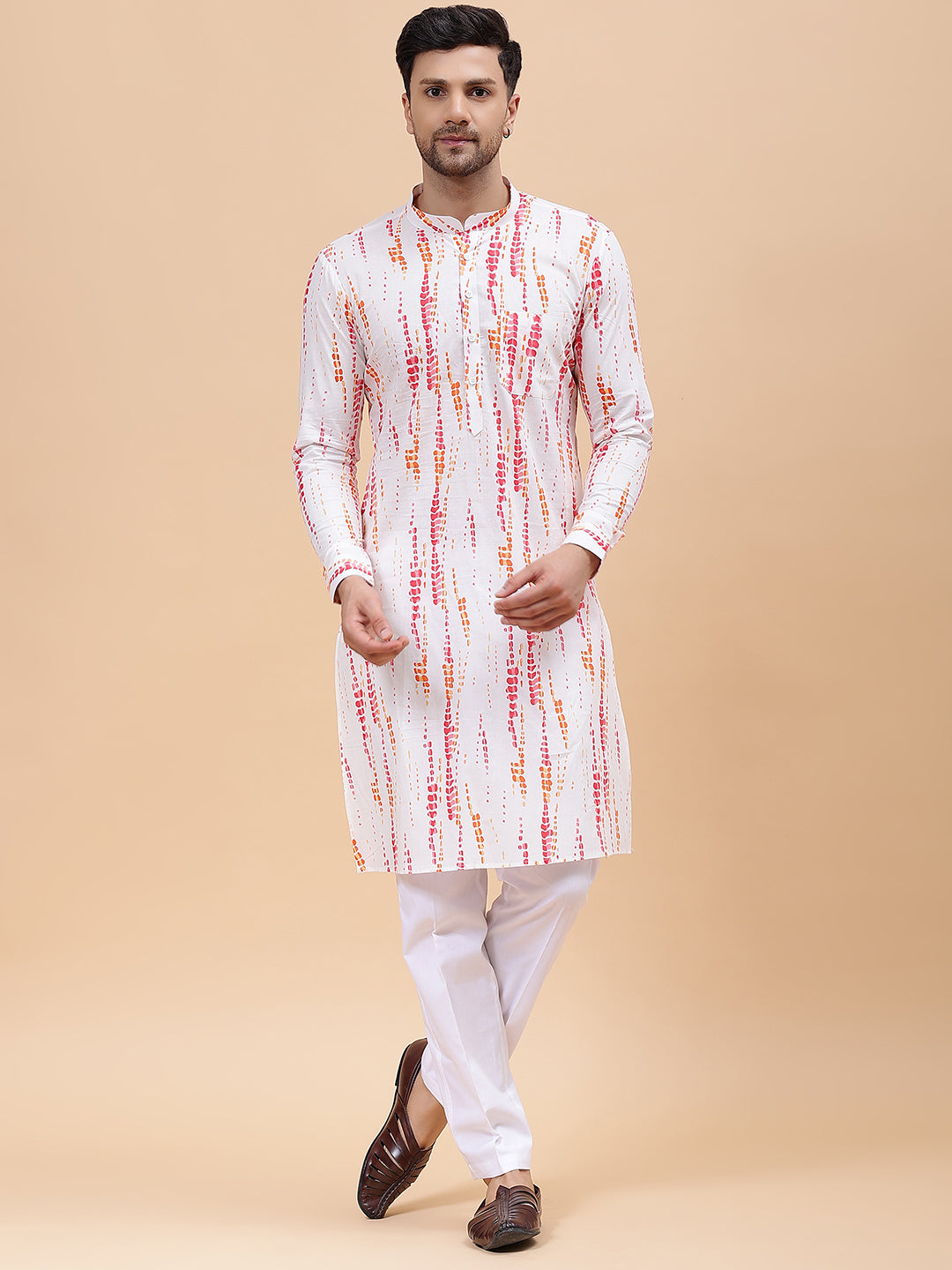 Men White & Pink Pure Cotton Printed Straight Kurta With Pajama