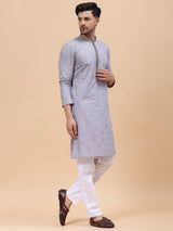 Men Grey & Gold Pure Cotton Embroidered Straight Kurta