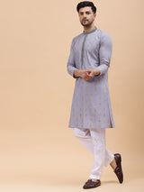 Men Grey & Gold Pure Cotton Embroidered Straight Kurta