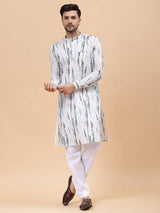 Men White & Blue Pure Cotton Printed Straight Kurta With Pajama