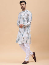 Men White & Blue Pure Cotton Printed Straight Kurta With Pajama