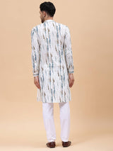 Men White & Blue Pure Cotton Printed Straight Kurta With Pajama