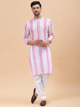 Men White & Pink Pure Cotton Printed Straight Kurta