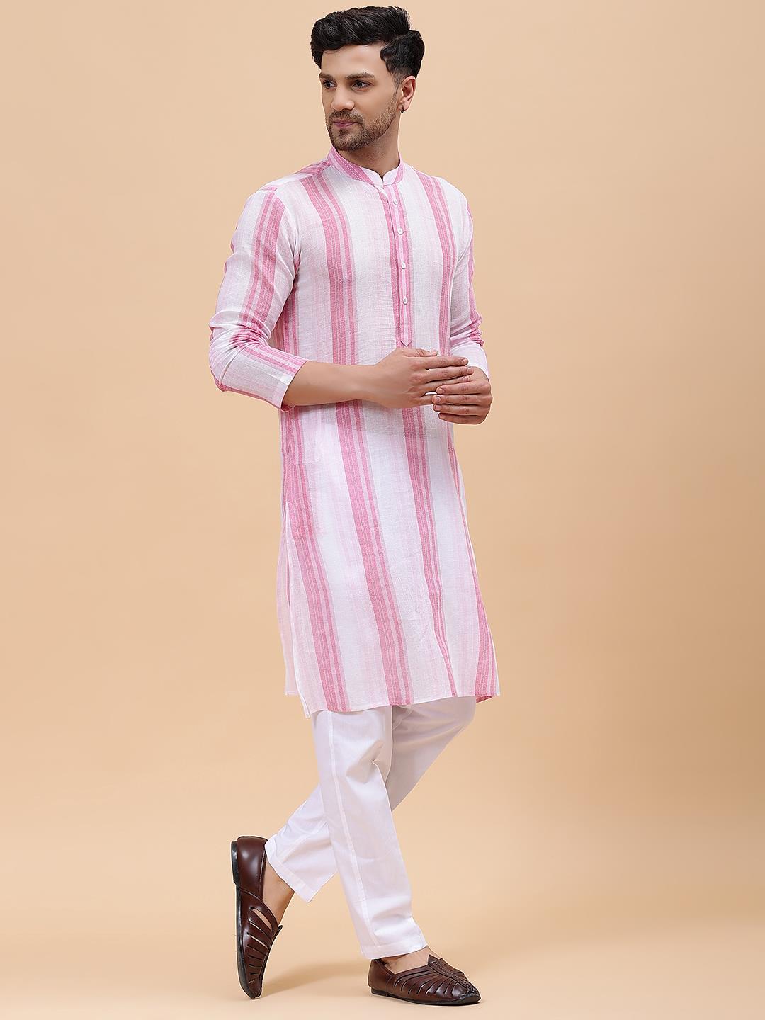 Men White & Pink Pure Cotton Printed Straight Kurta