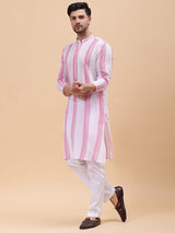 Men White & Pink Pure Cotton Printed Straight Kurta