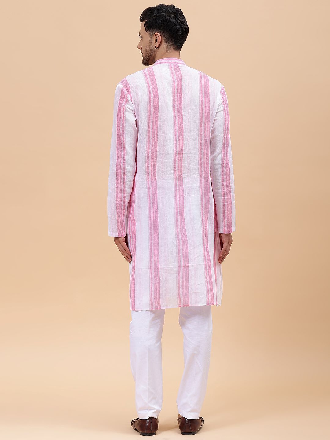 Men White & Pink Pure Cotton Printed Straight Kurta