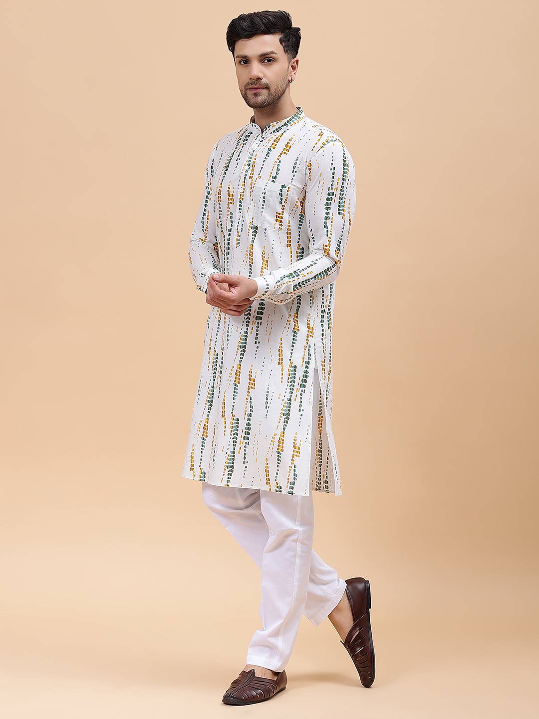 Men White & Mustard Pure Cotton Printed Straight Kurta